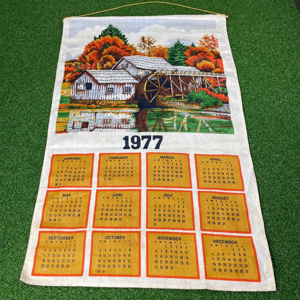 Vintage 1977 Linen Cotton Wall Calendar Watermill Made Romania Folk Art 28"
